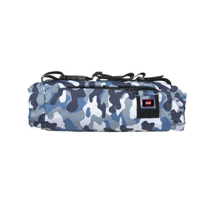 Blue camouflage patterned handlebar bag with black straps and G-Tech logo patch
