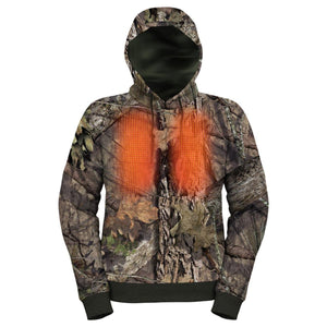 Mobile Warming hooded sweatshirt in camouflage print with visible orange heating elements on the chest