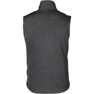 Back view of a dark grey FjallRaven fleece vest with black shoulder panels