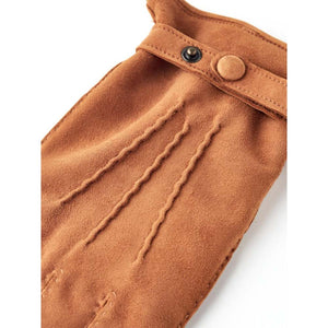 Hestra brown suede glove with snap button strap and decorative stitching