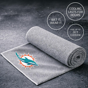 AlphaCool Miami Dolphins cooling towel with text overlays explaining cooling benefits