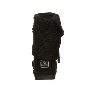 Rear view of black Bearpaw boot with ribbed knit cuff