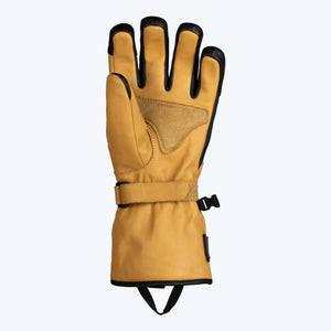 Mobile Warming tan leather glove with black trim and adjustable wrist strap