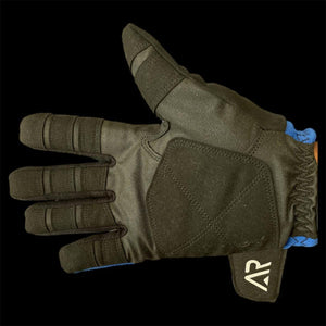 Black tactical glove with reinforced palm and finger padding and AR logo on the wrist strap