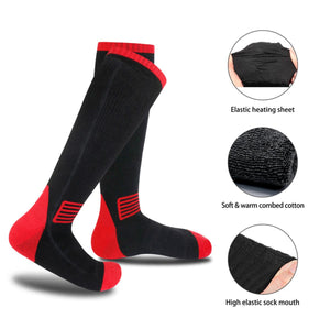 Black and red thermal socks with close up details of elastic heating sheet, combed cotton, and elastic cuff