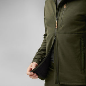 FjallRaven olive green fleece jacket with leather zipper pulls and chest pocket