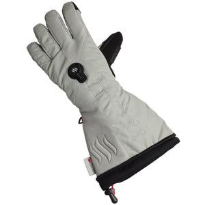 Glovii grey heated glove with power button on the back of the hand