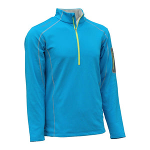 Blue quarter zip pullover with lime green zipper and grey contrast stitching