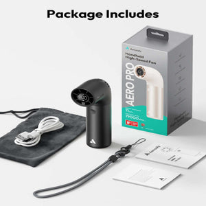 Aecooly Aero Pro handheld high speed fan with charging cable, storage pouch, lanyard, and user manual