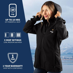 Woman wearing Gobi Heat black heated jacket with 10 hour battery life three heat settings and one year warranty