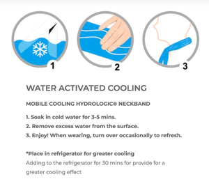 Mobile Cooling HydroLogic neckband instructions showing three steps to soak, wring, and wear for cooling