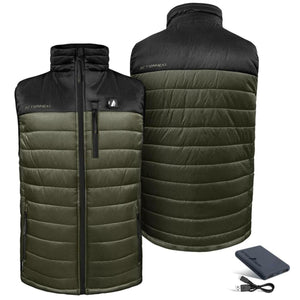ActionHeat olive and black quilted heated vest with battery pack and charging cable