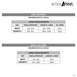 ActionHeat sock and insole size chart showing US shoe size conversions for men and women