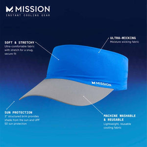 Mission blue cooling visor with grey brim and feature callouts for fabric and sun protection