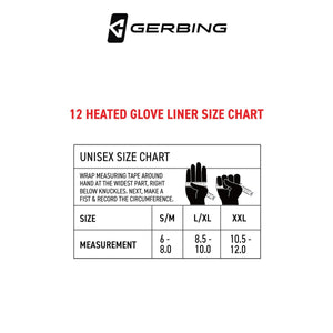 Gerbing 12 volt heated glove liner unisex size chart with measurement instructions
