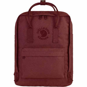 Deep red FjallRaven Kanken backpack with front pocket and top handles