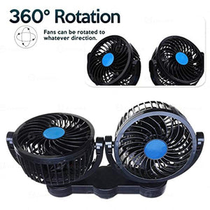 Dual head car fan with 360 degree rotation capability