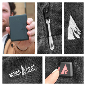 ActionHeat battery pack and garment details including zipper pull logo and power button