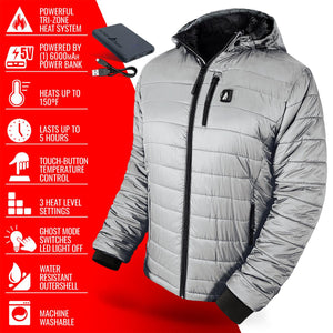 ActionHeat grey hooded puffer jacket with power bank and feature list