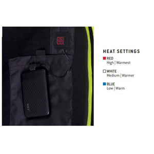 Heated jacket battery pack connection and heat setting guide showing red white and blue temperature levels