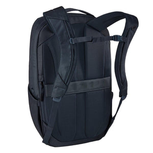 Back view of a black Thule backpack showing padded shoulder straps and mesh back panel