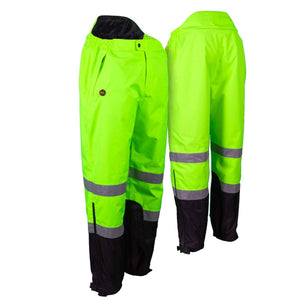 Mobile Warming high visibility neon yellow rain pants with reflective strips and black cuffs