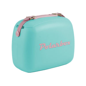 Polarbox turquoise portable cooler with pink leather handle and strap
