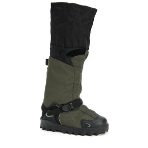 Neos olive green and black overshoe with a tall gaiter and adjustable strap