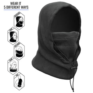 ActionTech black fleece balaclava showing five different ways to wear as a hood face mask scarf or bag