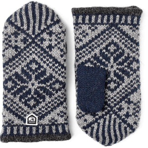 Hestra blue and grey patterned wool mittens