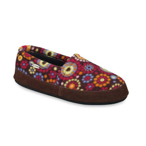 Acorn slipper with a brown suede trim and a colorful floral pattern on a dark background