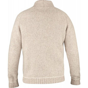 Back view of a beige wool shawl collar sweater with ribbed cuffs and hem
