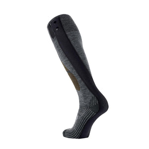 Grey knee high heated sock with black battery attachment and reinforced heel