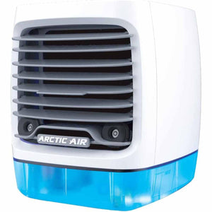 Ontel Arctic Air portable evaporative cooler with white housing and blue water tank