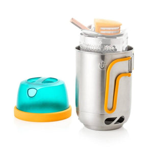BioLite stainless steel camping stove with orange handle and detached teal lid