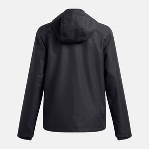 Back view of a black Under Armour hooded rain jacket