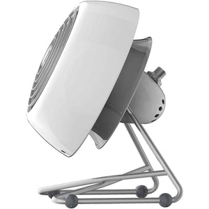 Side profile of a white Vornado air circulator fan with a silver wire stand