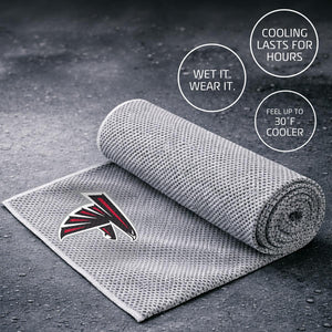 AlphaCool Atlanta Falcons cooling towel with text overlays describing cooling benefits