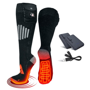 ActionHeat black heated socks with battery packs and charging cables