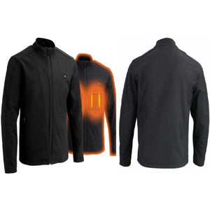 NexGen black heated softshell jacket showing front back and internal heating elements