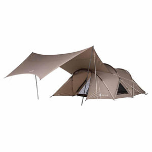 Snow Peak brown camping tent with extended canopy on white background