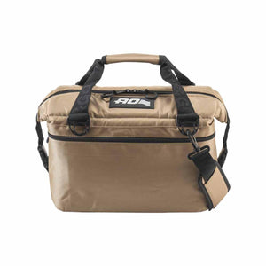 Tan AO Coolers soft sided cooler bag with black handles and shoulder strap