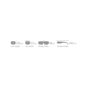 Smith Optics eyewear sizing chart showing lens height 45mm, lens width 57mm, bridge width 18mm, and temple length 140mm