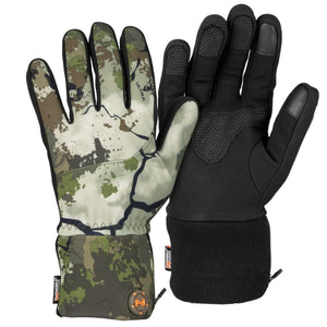 Mobile Warming camo heated gloves with black textured palms and knit cuffs