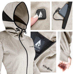 ActionHeat hooded jacket showing power button battery connection and thumbhole cuffs