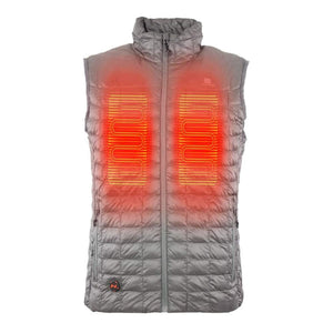 Mobile Warming grey quilted heated vest with visible heating elements on chest