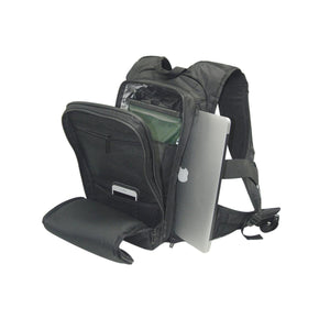 Black backpack with open compartments containing a laptop and hydration bladder