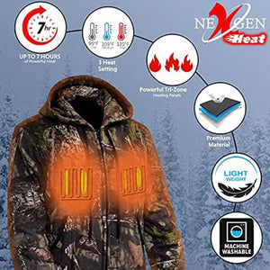 NexGen camo heated jacket with seven hour battery life three heat settings and machine washable fabric