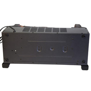 Bottom view of a black electric fireplace insert showing the metal base and feet