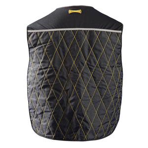 Miracool black quilted cooling vest with yellow stitching and reflective trim